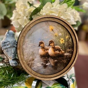 Ducks in a Pond Art in Round Wooden Frame Picture Spring